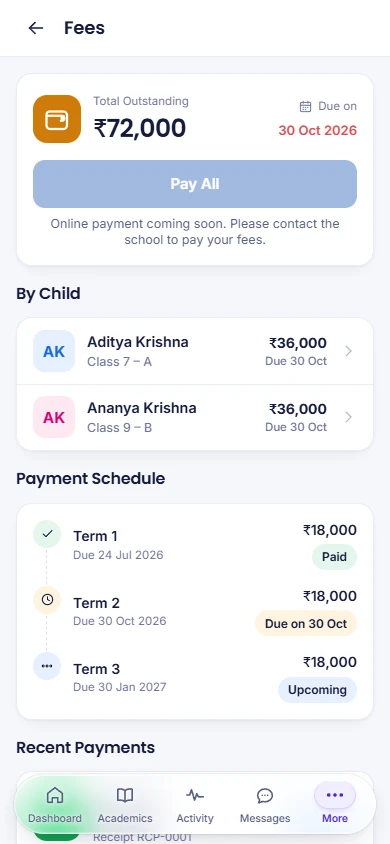 HALO Parent & Student app: fee dues and payment schedule for two children