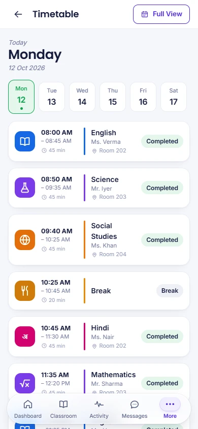 HALO Parent & Student: a student’s timetable for the day