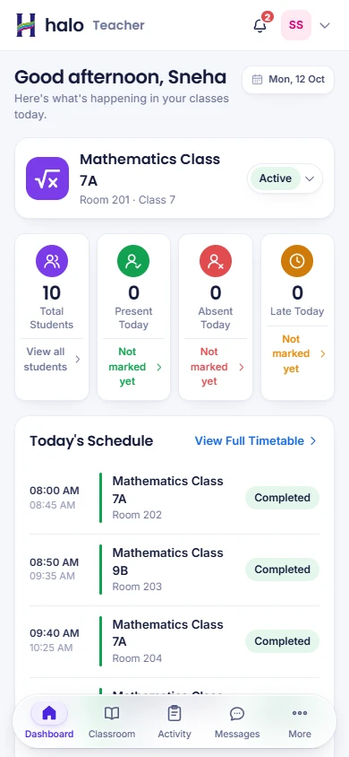 HALO Teacher & Staff app dashboard (sample data)